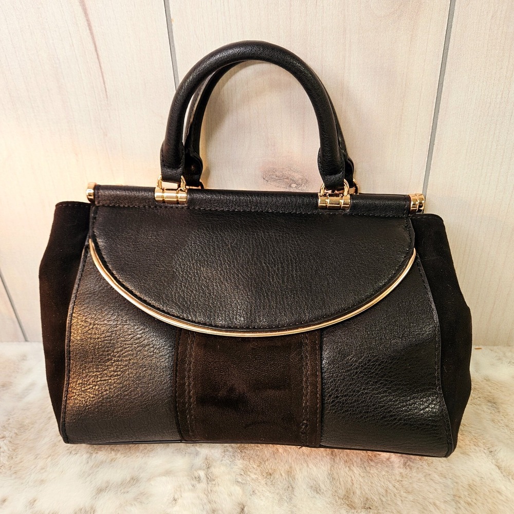 Lauren Conrad Black Faux Pebble‎ Leather & Suede Handbag Satchel Purse Rose Gold